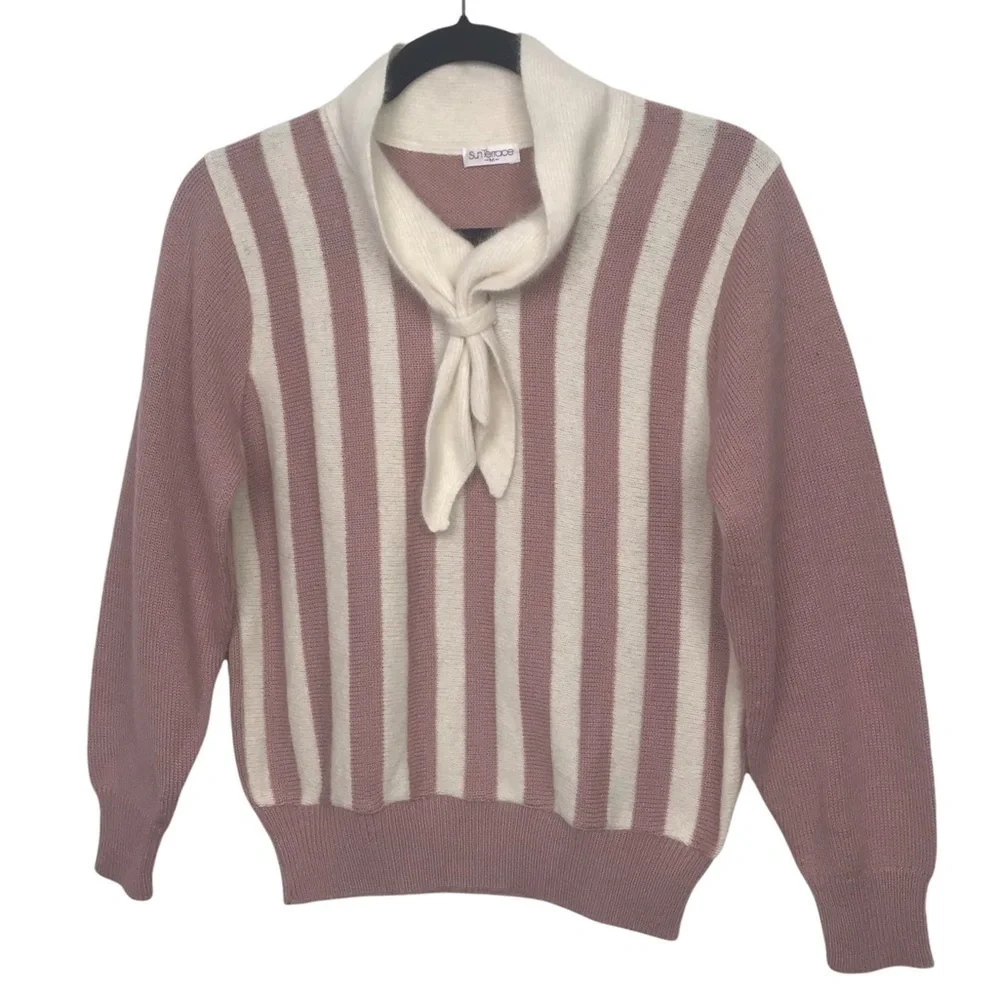 Sun Terrace Pink Ivory Vertical Striped Tie Neck Sweater